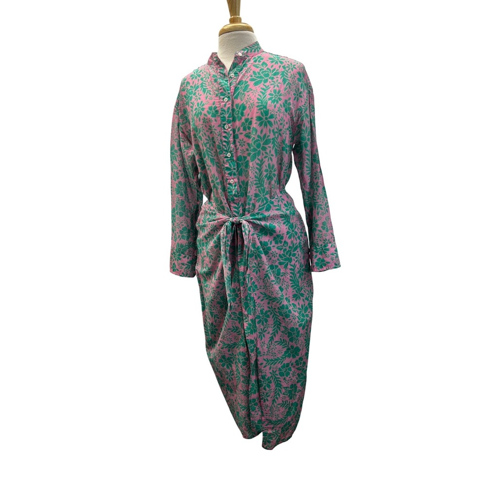 Xirena Midi Dress Pink Green Excellent Floral Front Tie Cotton Gauze